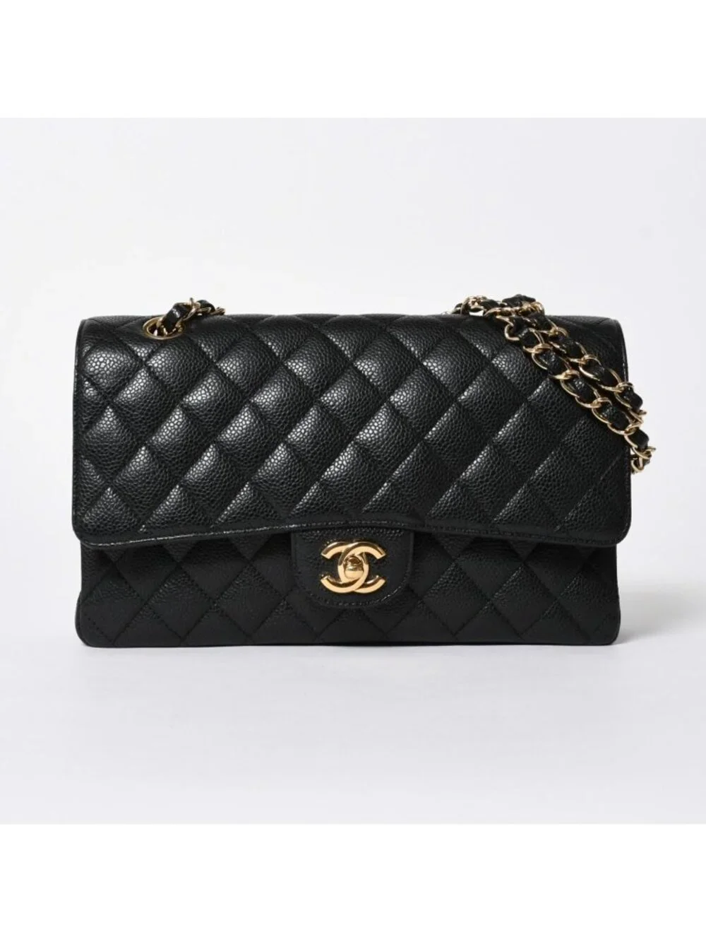 Chanel Quilted 25 Double Flap Chain Shoulder Bag CC Logo Caviar Leather Black
